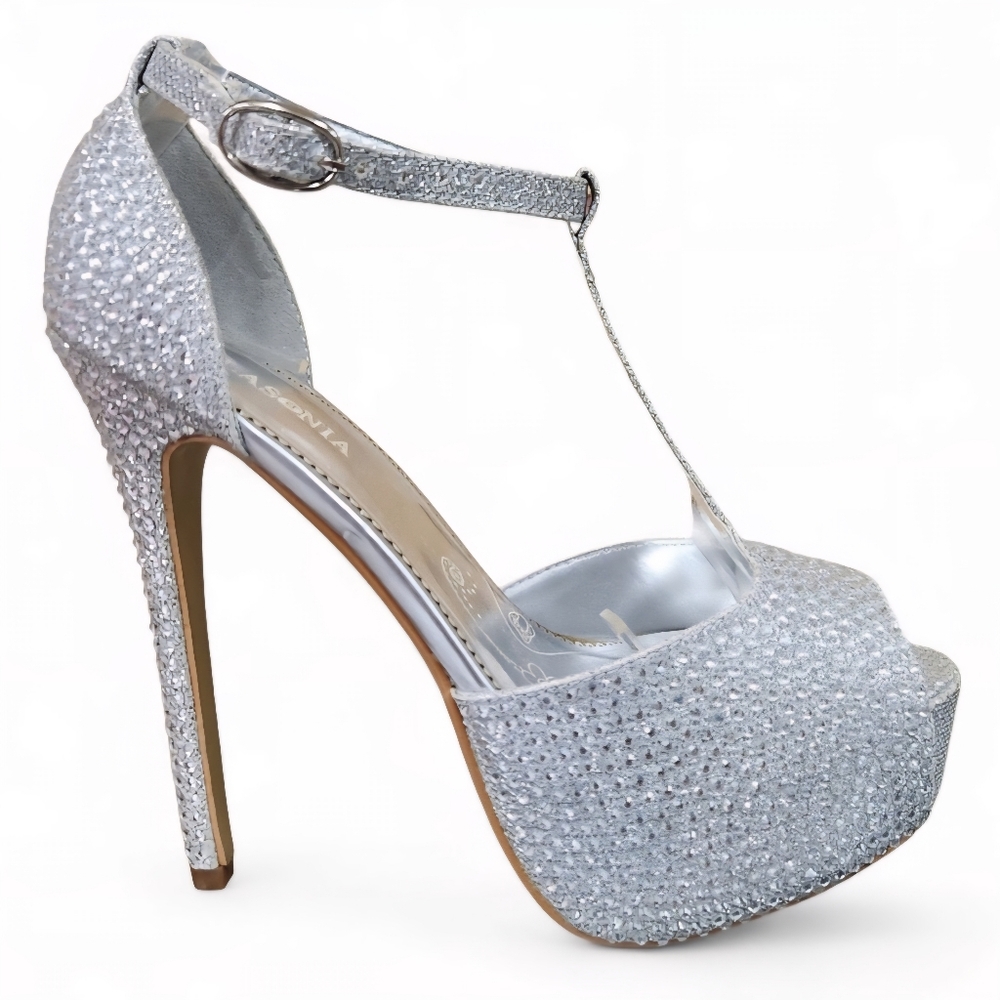 Silver peep toe heels